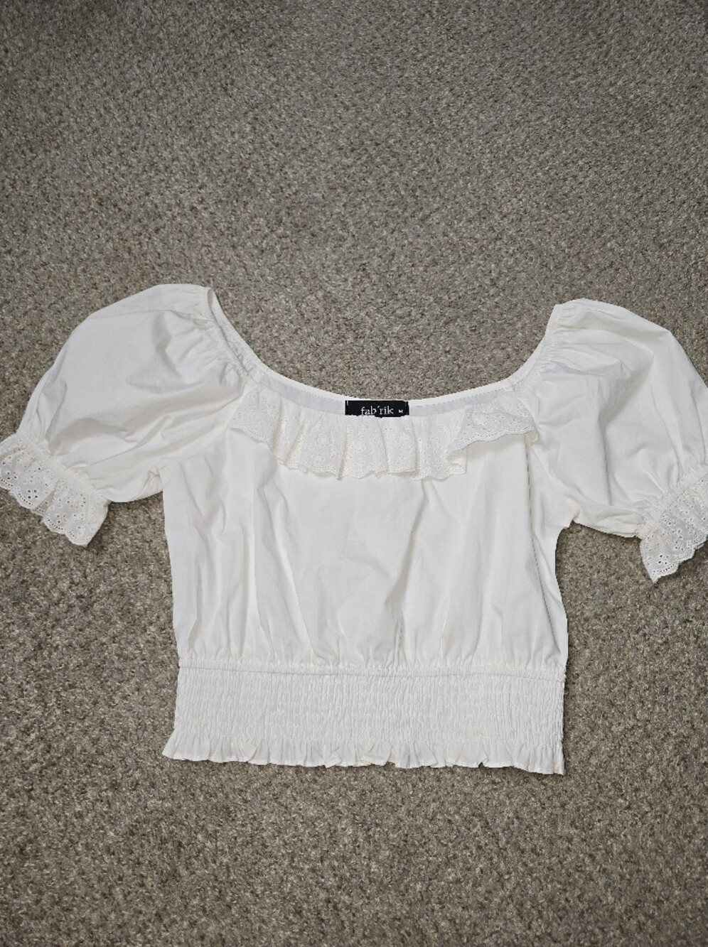 fab'rik White Puff-Sleeve Eyelet 100% Cotton Top Size Medium
